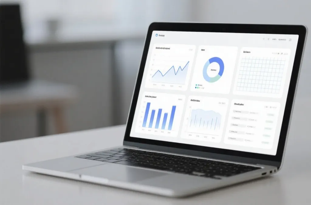 Modern minimalist data analysis dashboard on a laptop screen showing clean graphs and digital matrix